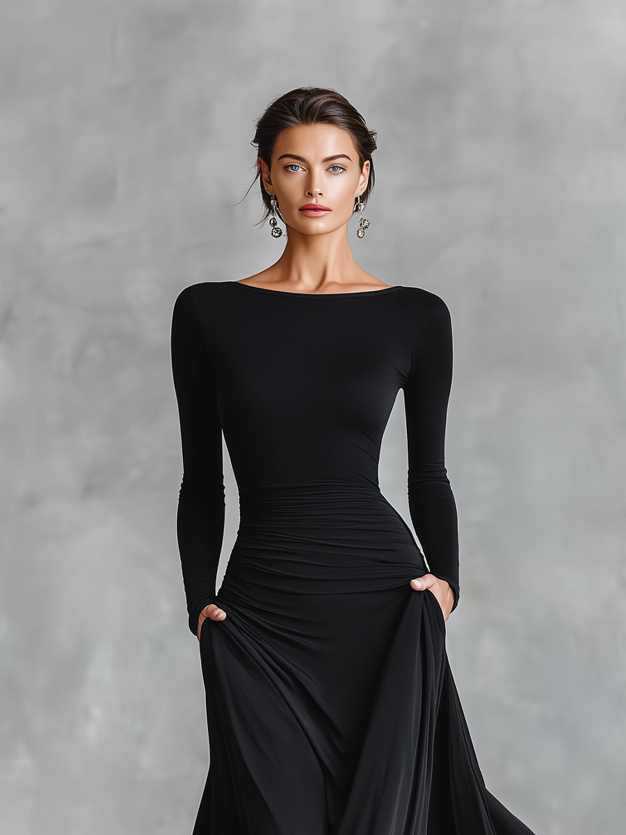 Rubi | Robe Maxi Élégante avec Buste Plissé et Encolure Bateau
