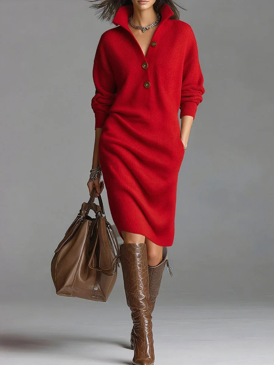 Robe pull élégante à col ouvert et boutons