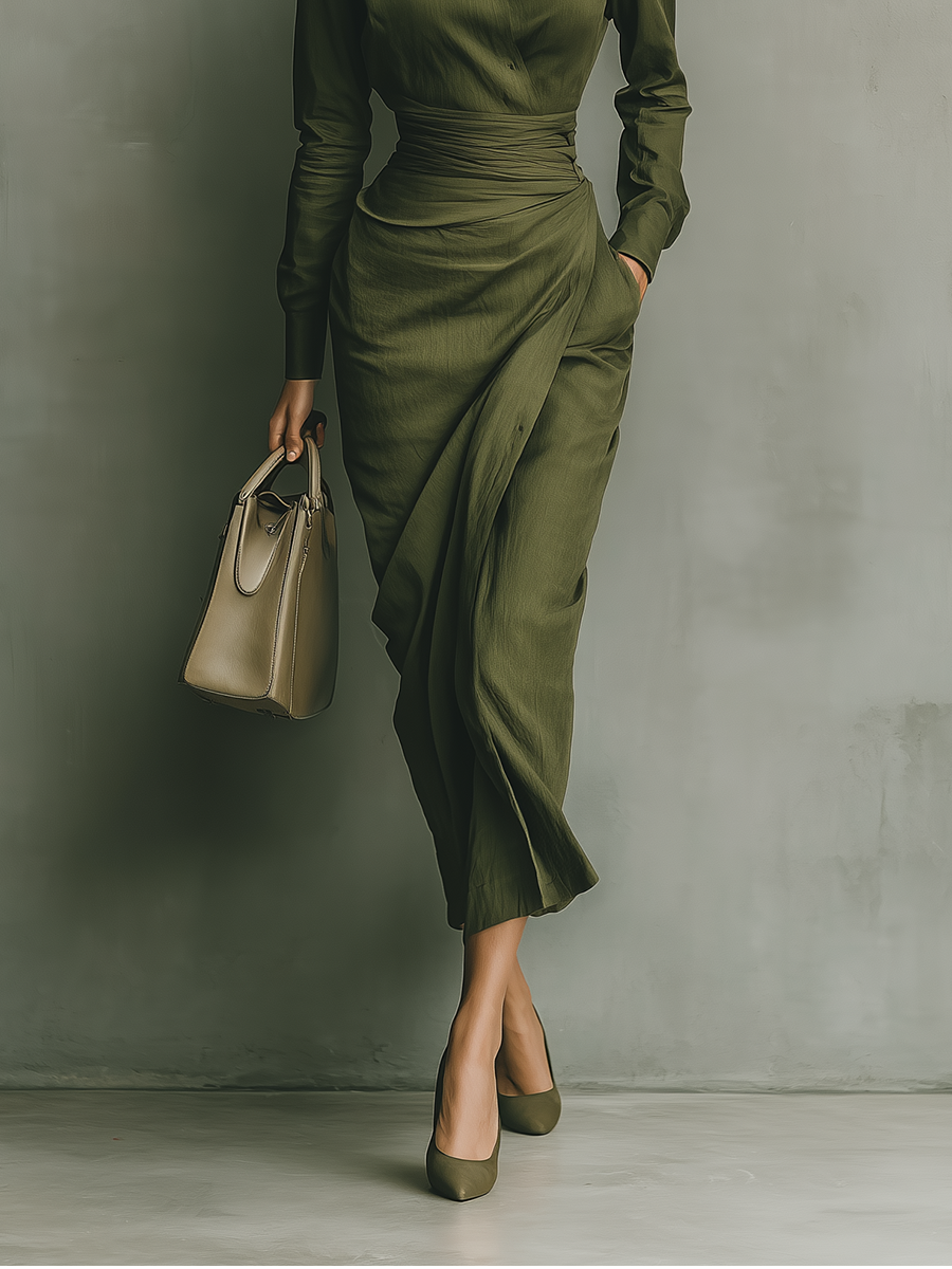 Robe portefeuille satinée avec ceinture – Vert élégant