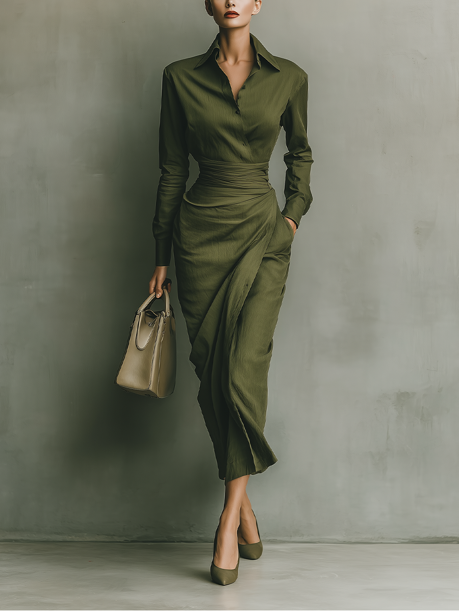 Robe portefeuille satinée avec ceinture – Vert élégant