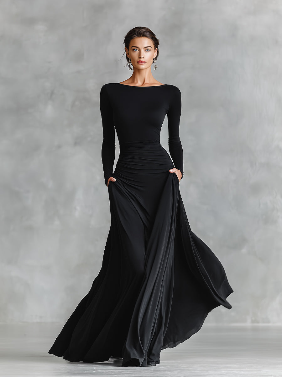 Rubi | Robe Maxi Élégante avec Buste Plissé et Encolure Bateau