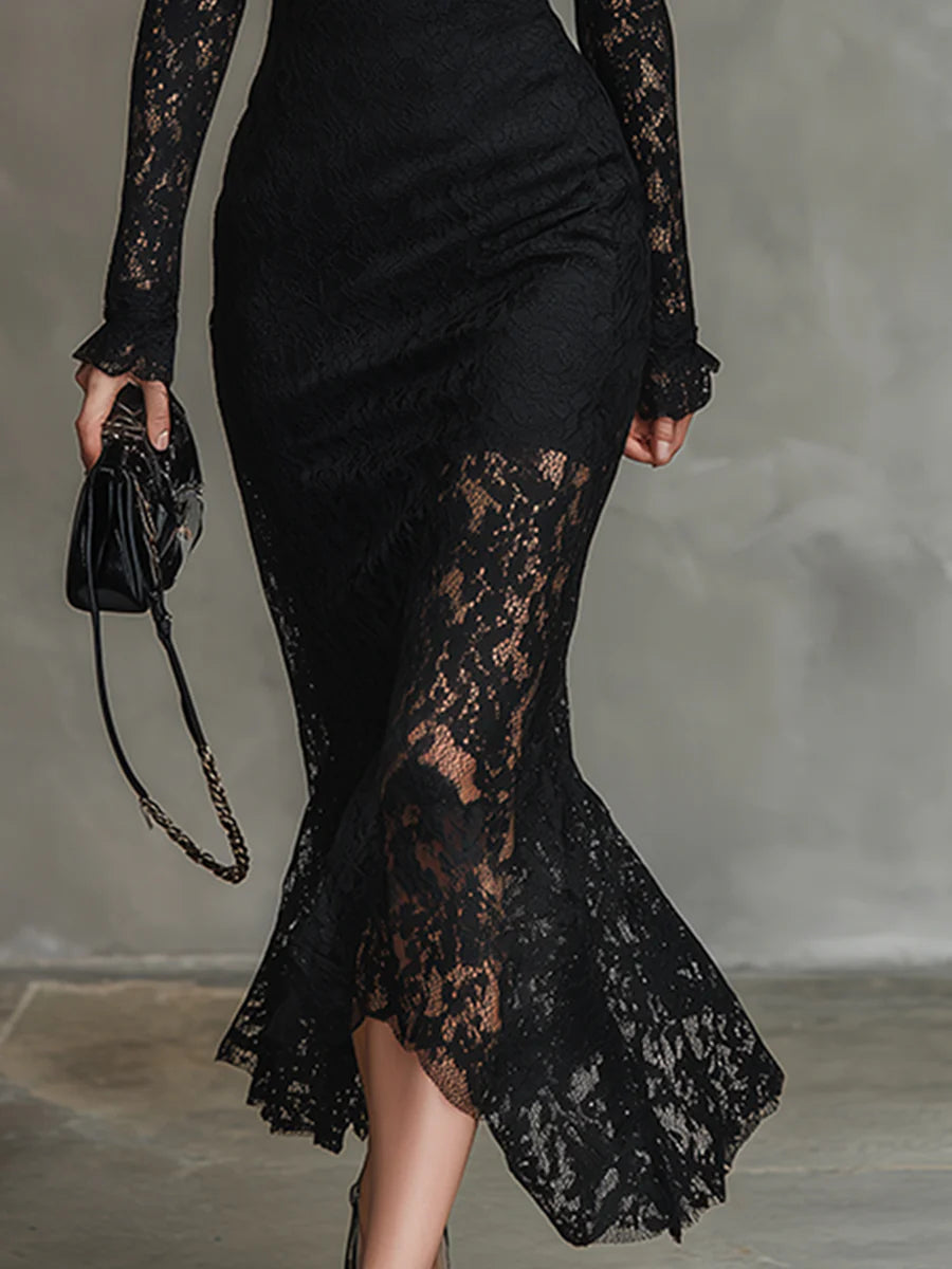 Elwira | Robe Maxi Noire Élégante en Dentelle11