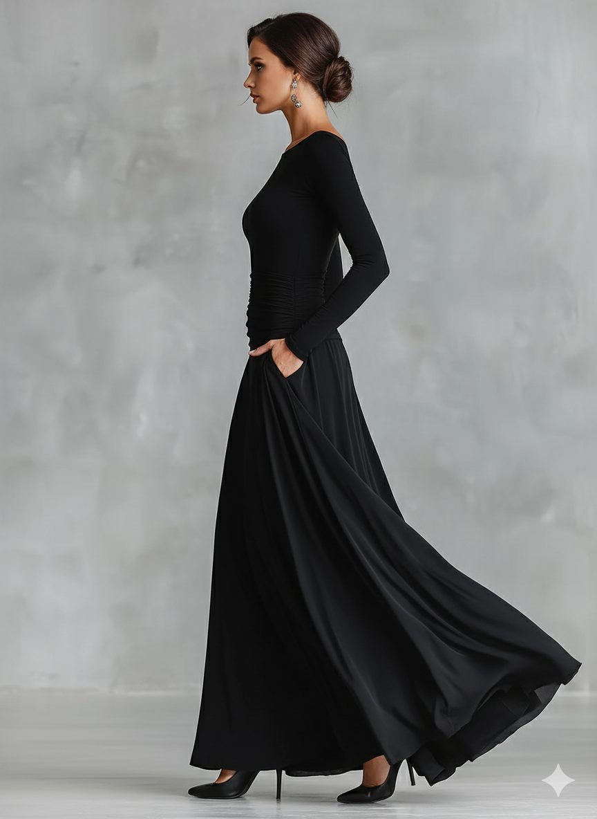 Rubi | Robe Maxi Élégante avec Buste Plissé et Encolure Bateau