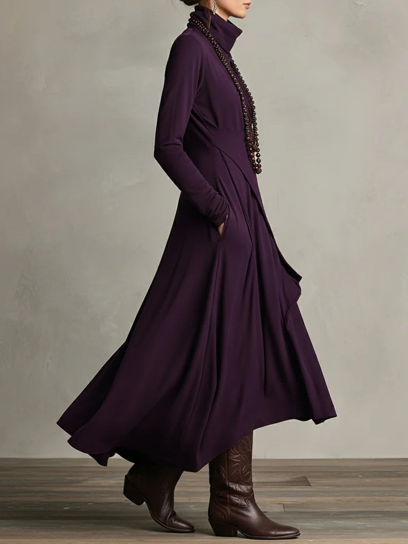 Asymmetrische lange jurk met opstaande kraag