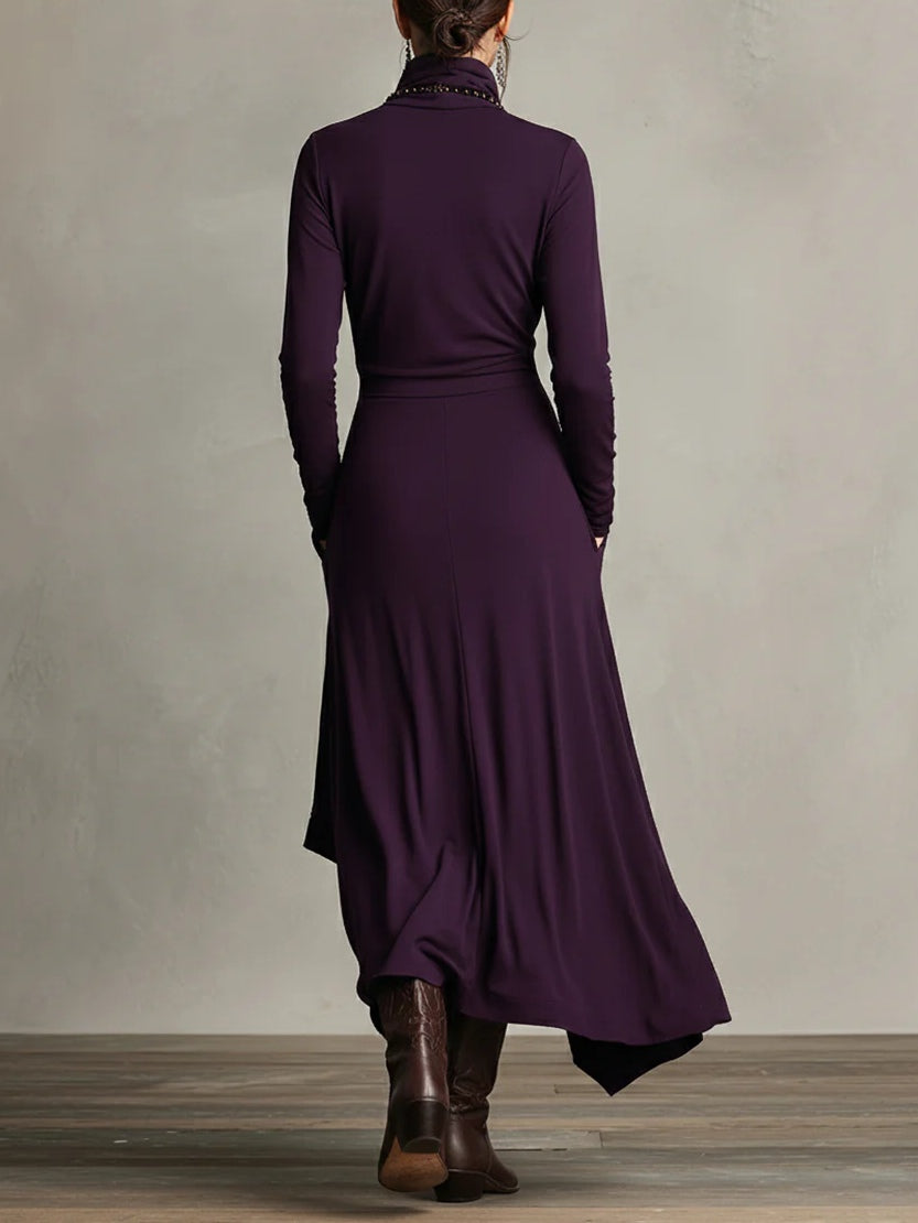 Asymmetrische lange jurk met opstaande kraag