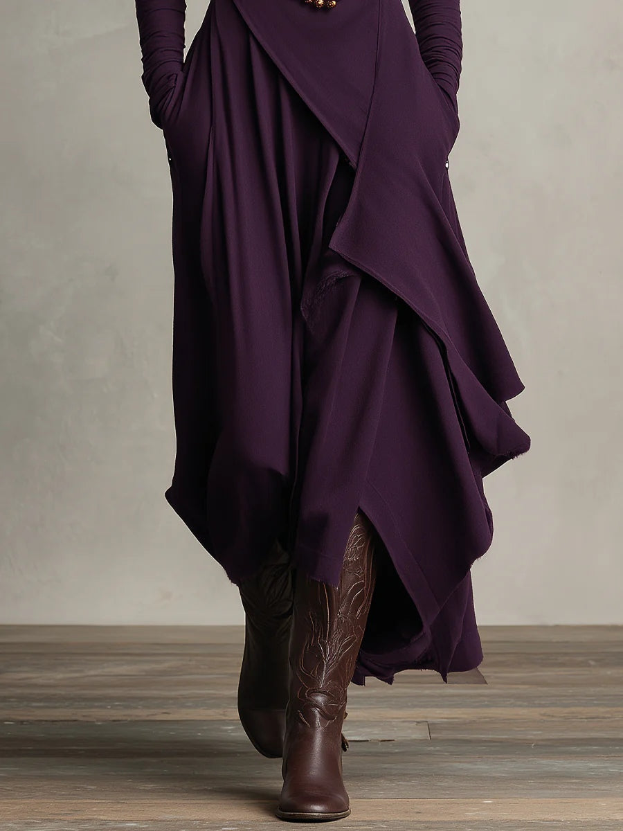 Asymmetrische lange jurk met opstaande kraag