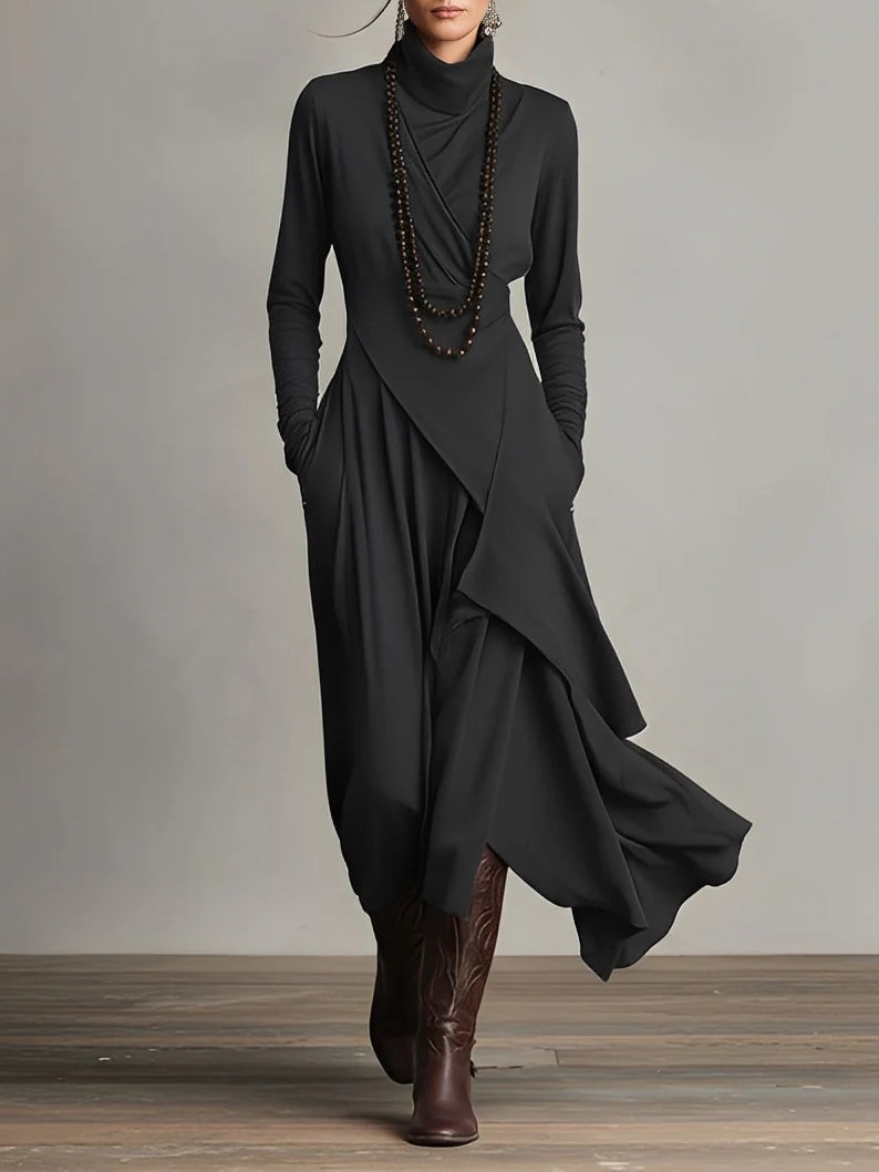 Asymmetrische lange jurk met opstaande kraag