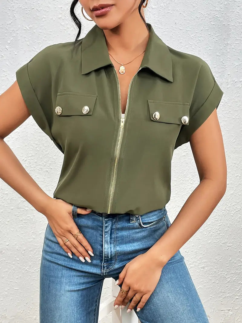 Alfano - Elegant Short Sleeve Blouse With Zipper